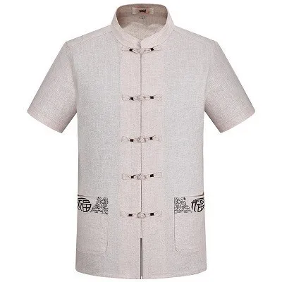 beige shirt Sheng Coco традиционная китайская мужская рубашка льняные рубашки китайский стиль Мужская с коротким рукавом Китайская традиционная одежда для пожилых 4XL - Цвет: beige shirt