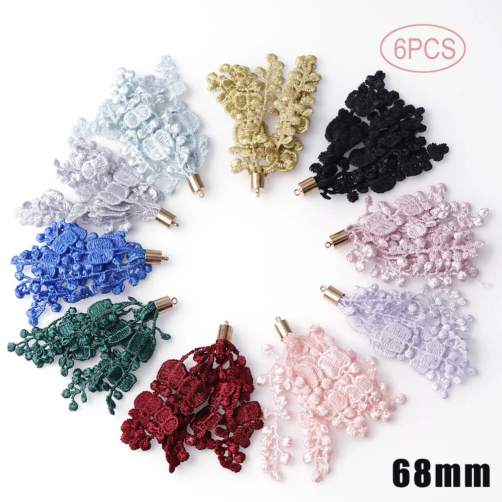 6pcs 68mm 6 шт 66/68 мм 2 размера смешанный цветок с цветами и кистями кулон крючком ткань очаровательные висячие серьги кисточки для ювелирных изделий DIY прививка изготовление - Окраска металла: 6pcs 68mm
