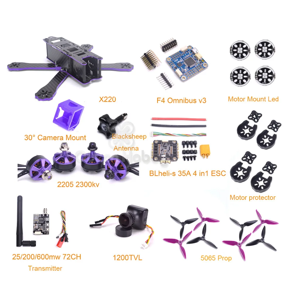 Мультикоптер X220 RC с F4 V3 Pro 35A BLheli s Dshot600 2205 2300KV 1200TVL 5 8G 72CH 25/200/600mw VTX combo PK Wizard X220S|Детали
