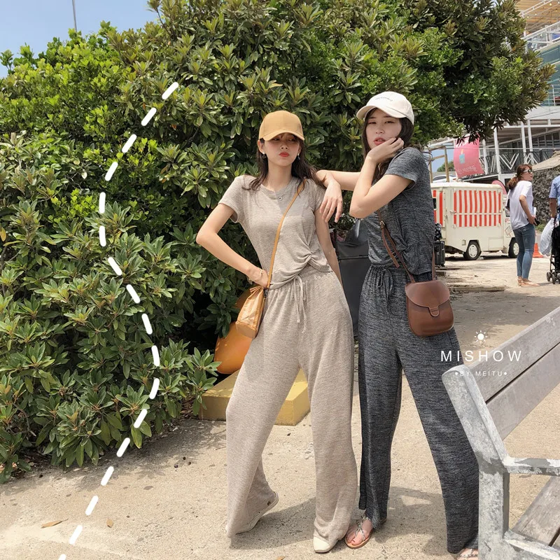 Mishow 2019 summer sport causal Two-piece suit women around neck short sleeve shirt + elastic waist drape pants MX19B3519 | Женская
