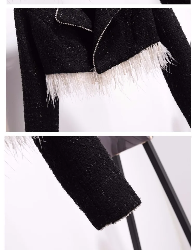 2018 New Fashion Autumn and Winter Women's Pearl Ostrich Hair Stitching Tweed Jacket Coat + Woolen Skirt Two Piece Suits |