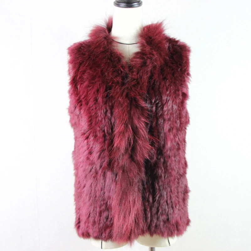 Free shipping womens natural real rabbit fur vest with raccoon fur collar waistcoat/jackets rabbit knitted winter European style