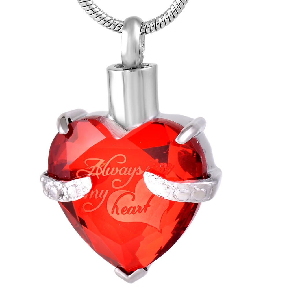 

Heart cremation pendant keepsake big crystal inlay Always In My heart memorial urn necklace stainless steel jewelry ashes holder