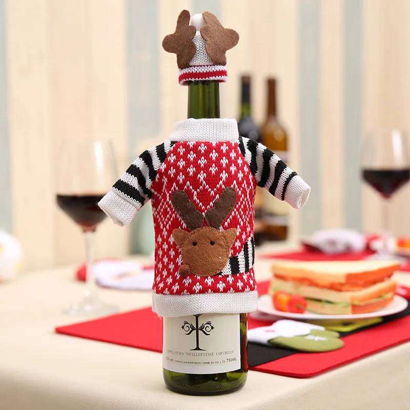 Red Knit Wine Bottle Cover Christmas Decoration Supplies Wool Deer Bags Home Festival Party Xmas Decrotion Gift Holders | Дом и сад