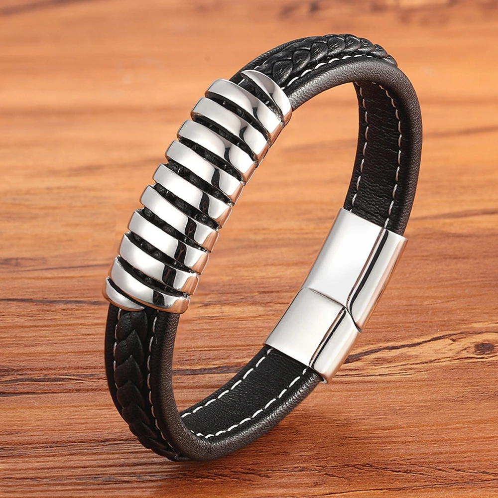 

XQNI New Arrival Punk Winding Special Design Steel Stainless Steel Rule Graphic Fashion Leather Bracelet Bangle For Men