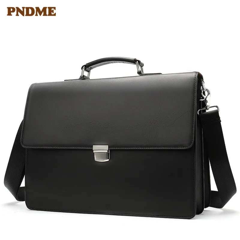 PNDME high quality business genuine leather black men's briefcase casual simple laptop bag office shoulder messenger bags 2019