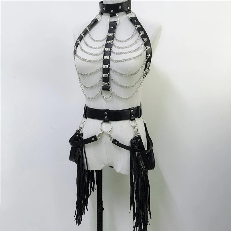 Summer Goth Black Leather 2 Piece Sets Multilayer Link Chain Bra Harness Long Tassel Garters Belts Clubwear Sexy Matching | Женская