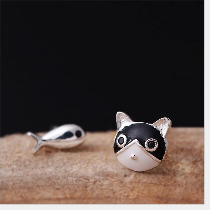 Женские серьги-гвоздики из серебра 100% пробы с натуральным 925 в виде кошки