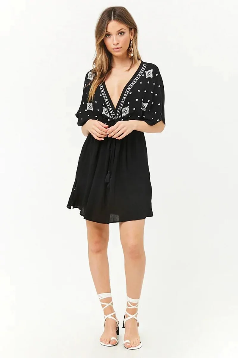 Fitshinling вышивка цветок винтажное пляжное платье в стиле бохо глубокий v-образный