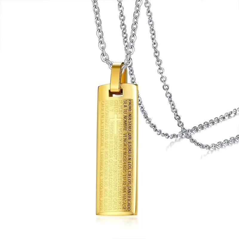 Gold O Chain Vnox, гравированный крест, Библейский кулон для женщин и мужчин, цельная нержавеющая сталь, унисекс, Христос, молитва, ювелирные изделия с 2" /24" звеньями/бусинами, цепочка - Окраска металла: Gold O Chain