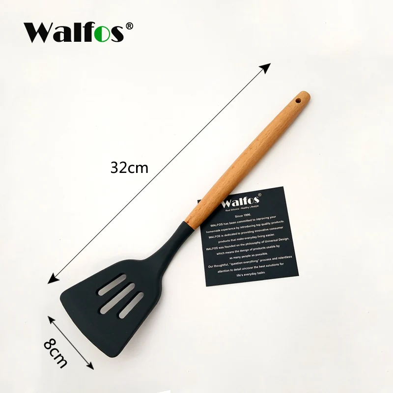 WALFOS, кухонные инструменты, Натуральный Бук, деревянная ручка, силиконовая кухонная утварь, набор силиконовых кухонных инструментов, набор посуды - Цвет: Slotted shovels H