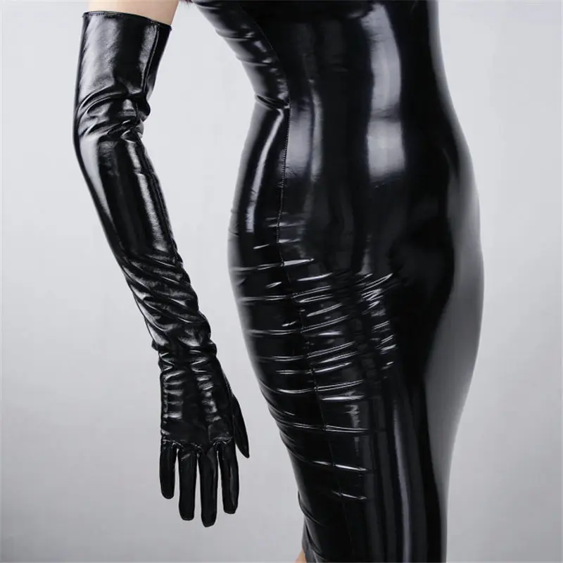 Patent Leather Black 60 см, лакированные кожаные длинные перчатки, искусственная кожа, искусственная кожа, яркая кожа, наклейка, зеркальная, Сапфировая, синяя, темно-синяя, Женская WPU02-60 - Цвет: Patent Leather Black