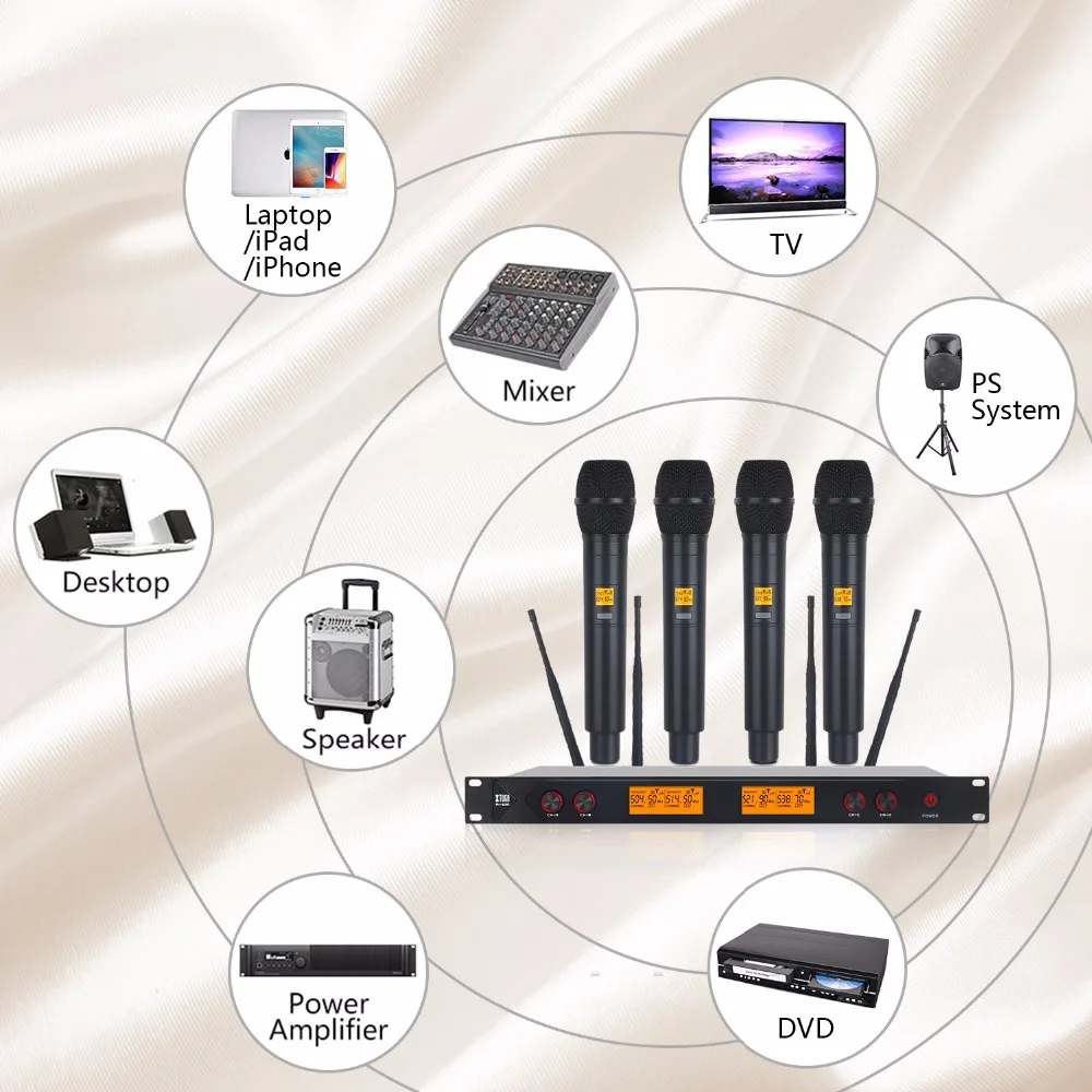 XTUGA A400 металлический материал 4-канальный UHF беспроводной микрофон система с 4 ручными для сцены церковного использования для семьи Вечерние