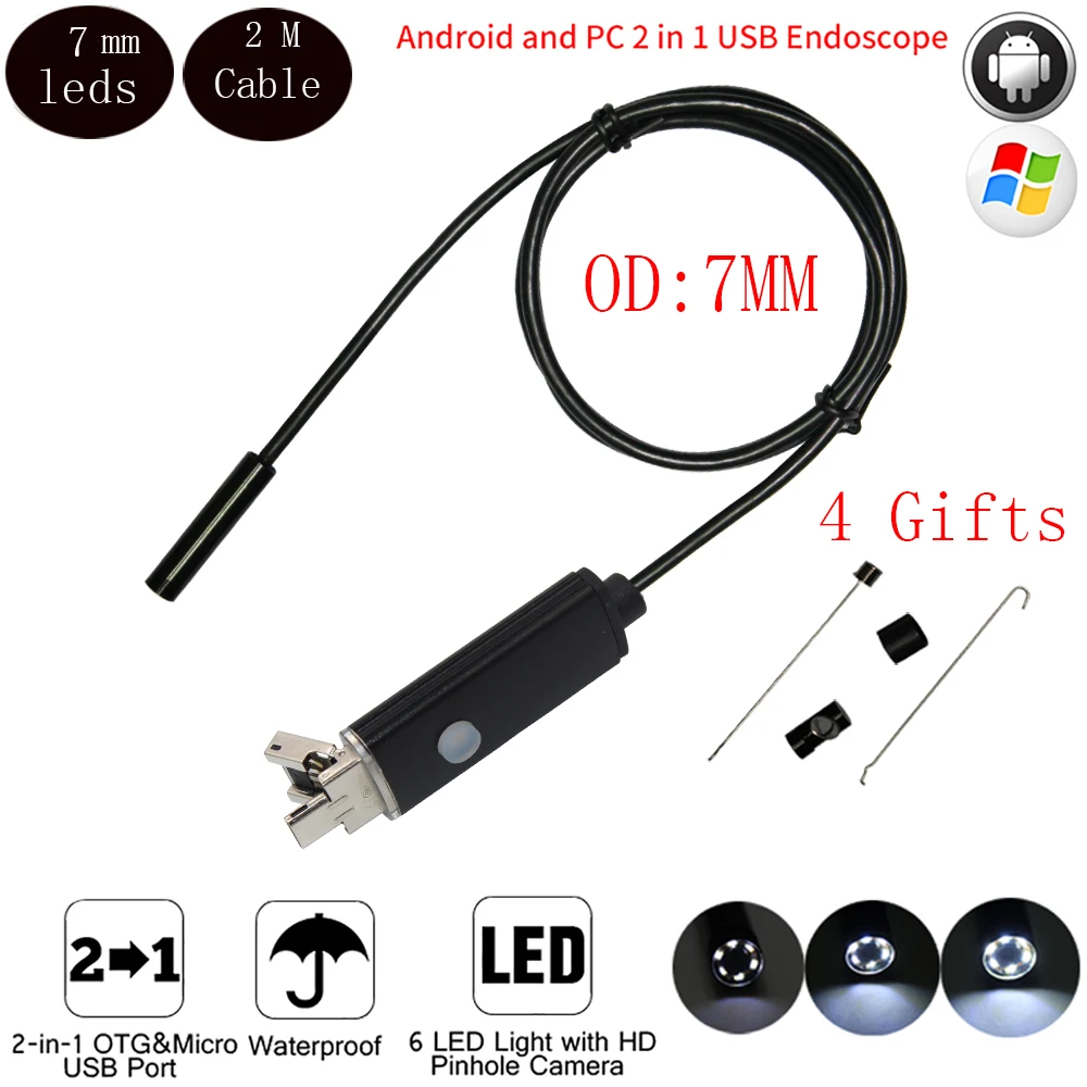 6 LED мини камера для мобильного телефона Mirco эндоскоп USB Android телефон 2 м HD 480p