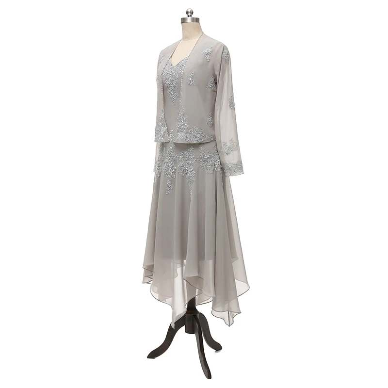 2017 Chiffon Mother of Bride Dresses with Long Sleeves Beads Two Pieces Mid Carf Wedding Party Groom Gowns | Свадьбы и торжества