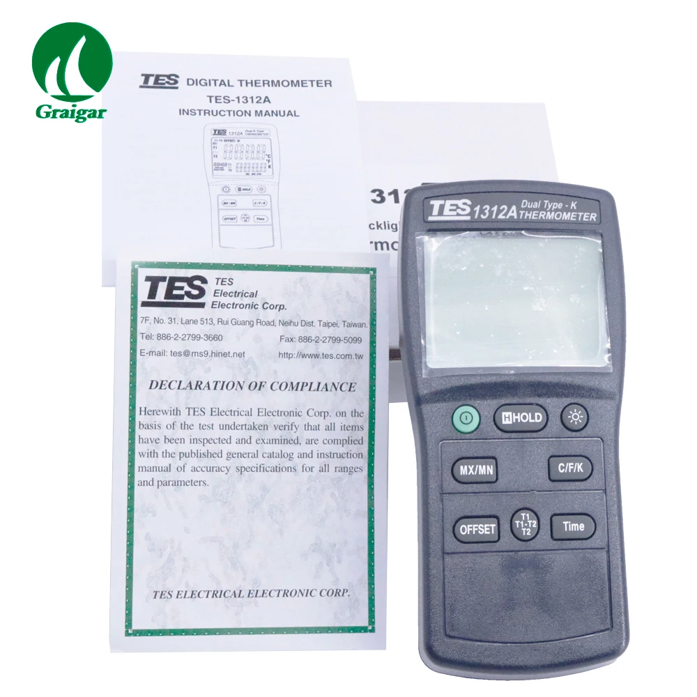 

Digital Industrial TES-1312A K Type Dual Channel Thermocouple Thermometer TES1312A