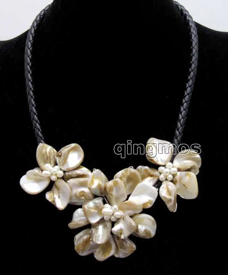 

Big 1 piece 70mm and 2 piece 50mm White Baroque Shell Flower and Natural Pearl pendant Black 6mm Rope 18'' Necklace-nec6366