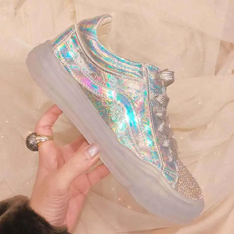 Обувь с кристаллами, женские кроссовки на массивном каблуке, zapatos de mujer, украшенные стразами, chaussures femme, женская обувь, серебристая блестящая Лоскутная обувь
