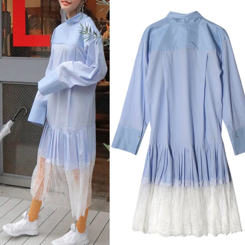 2017 Весна Элегантный Длинным Рукавом Пуловеры Dress Два Носить Кружева Лоскутные