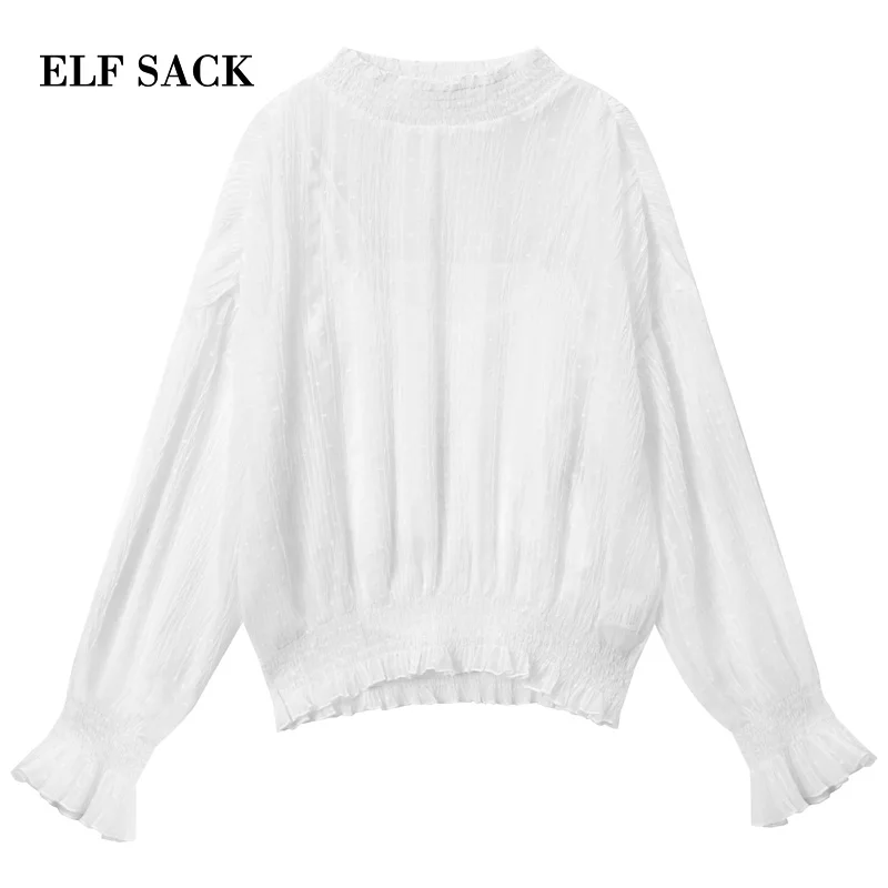 ELFSACK,, стильные шифоновые рубашки для женщин, повседневные, сплошные, большие размеры, женская блузка, уличная одежда, с пышными рукавами, свободные женские рубашки