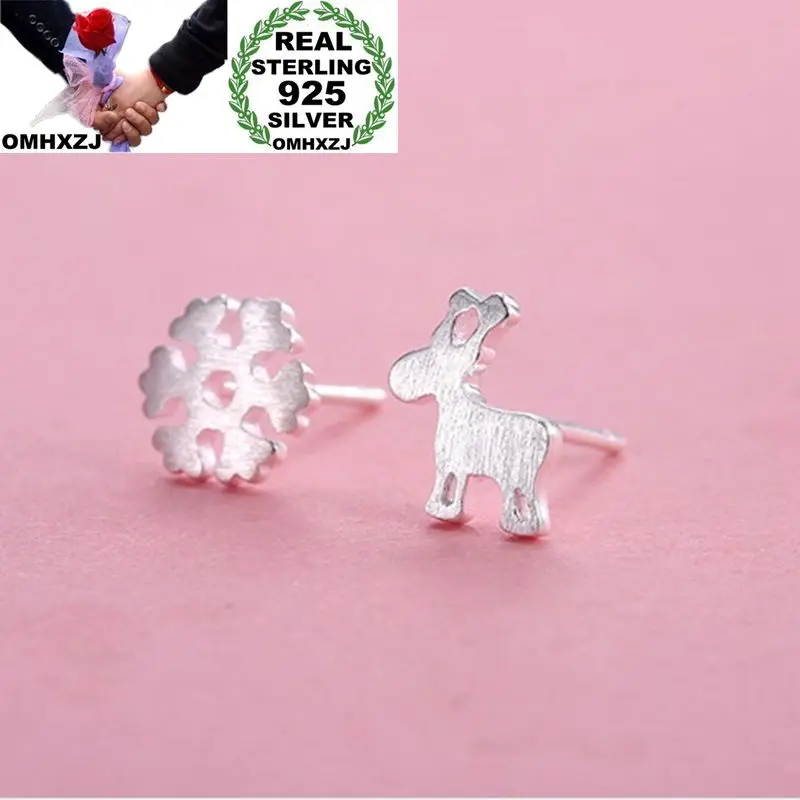 

OMHXZJ Wholesale European Fashion Woman Girl Party Wedding Gift Silver Snowflake Deer S925 Sterling Silver Stud Earrings EA154