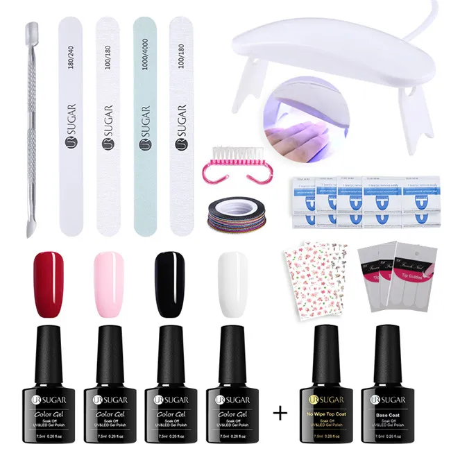 4colors-Set1 UR SUGAR Full Manicure Nail Set 6W UV LED Lamp with 7.5ml Semi Permanant Color UV Gel Polish Top Base Coat Nail Art Tools Kit - Цвет: 4colors-Set1