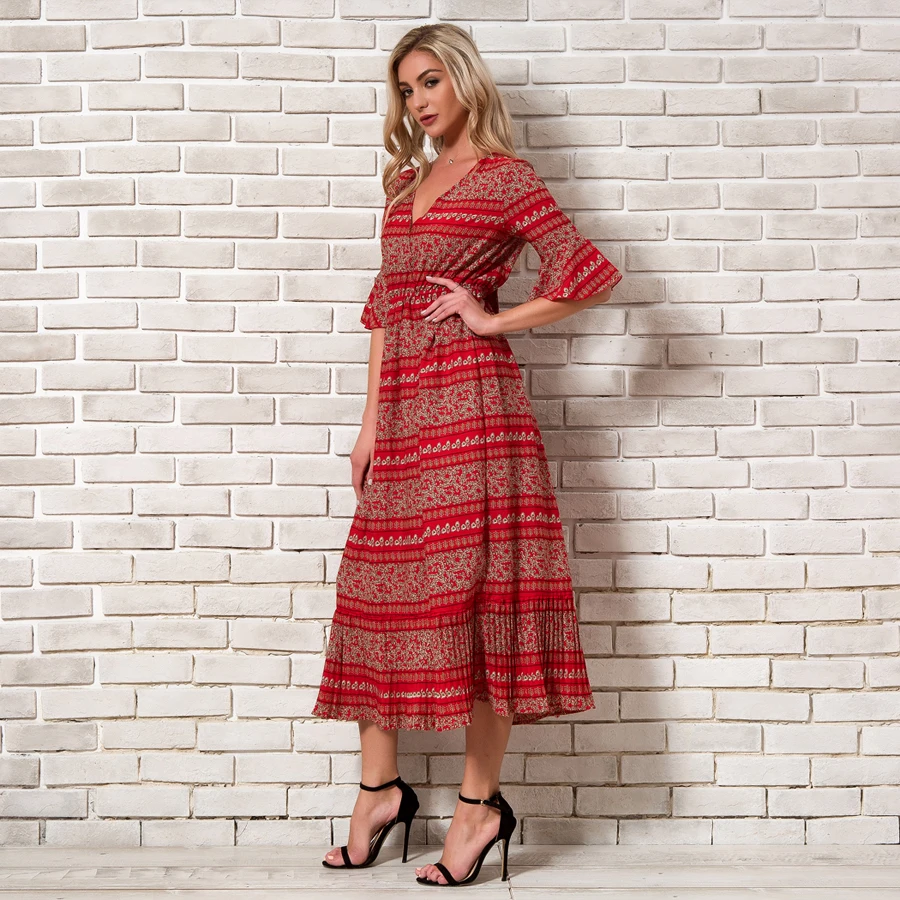 Bohemian Chiffon Dress Women Summer 2018 New Arrivals Flare Sleeve V neck Print Boho Dresses Woman Pleated Beach Long | Женская одежда
