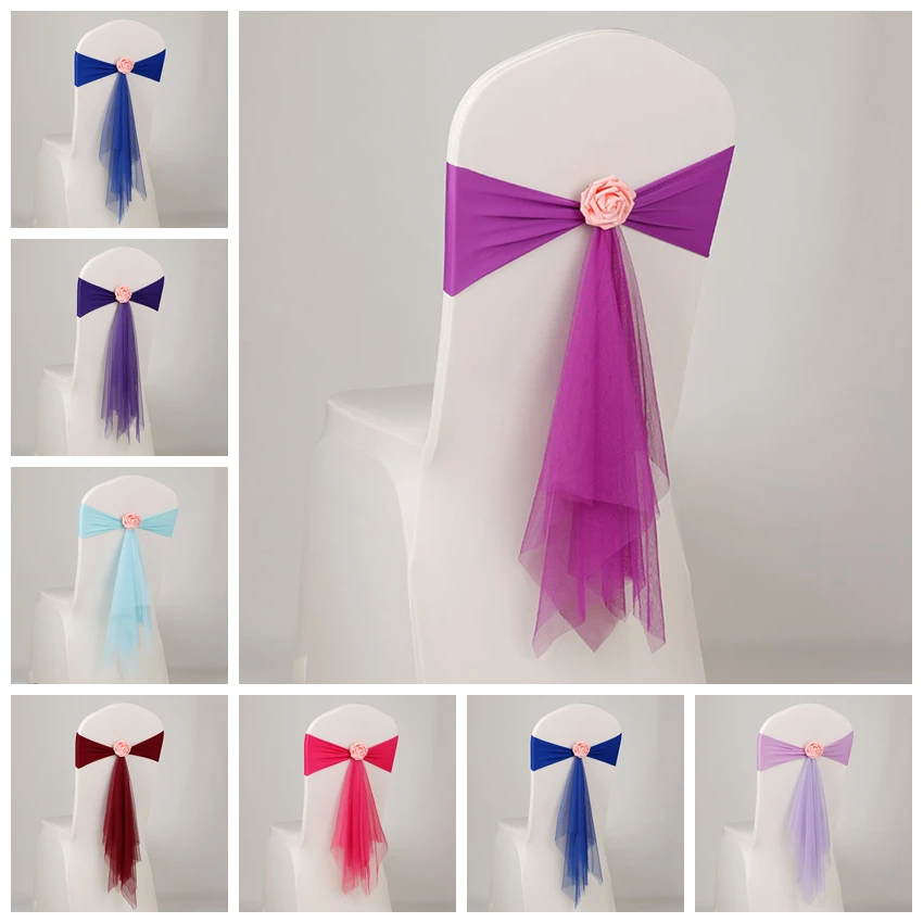 12 Colours Spandex Sash With Rose Ball Artifical Flower And Organza Chair Sash Wedding Lycra Bow Tie Band Wholesale