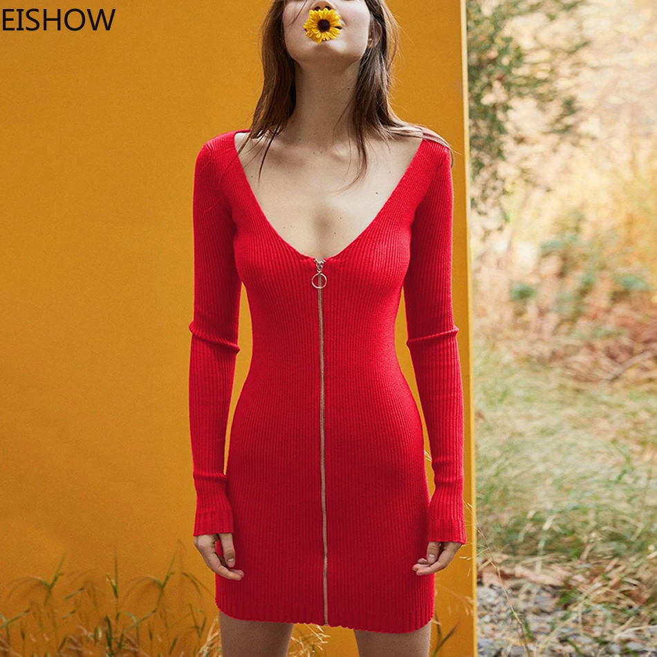EISHOW женская модная сексуальная повседневная одежда на молнии с v образным