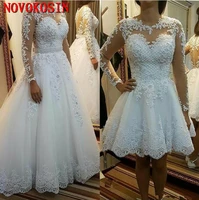 vintage long sleeve short wedding dresses removable skirt a line puffy tulle lace plus size 2019 sheer button back bridal gown