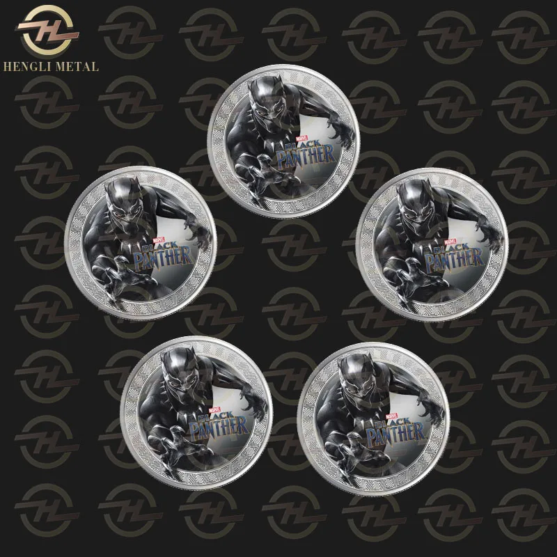 5pcs NO box 5 шт кино, комикс, супер герой, фантастический король Африканской Ваканды тчаллы Marvel, Черная пантера, 1 унций, посеребренные монеты для фанатов - Цвет: 5pcs NO box