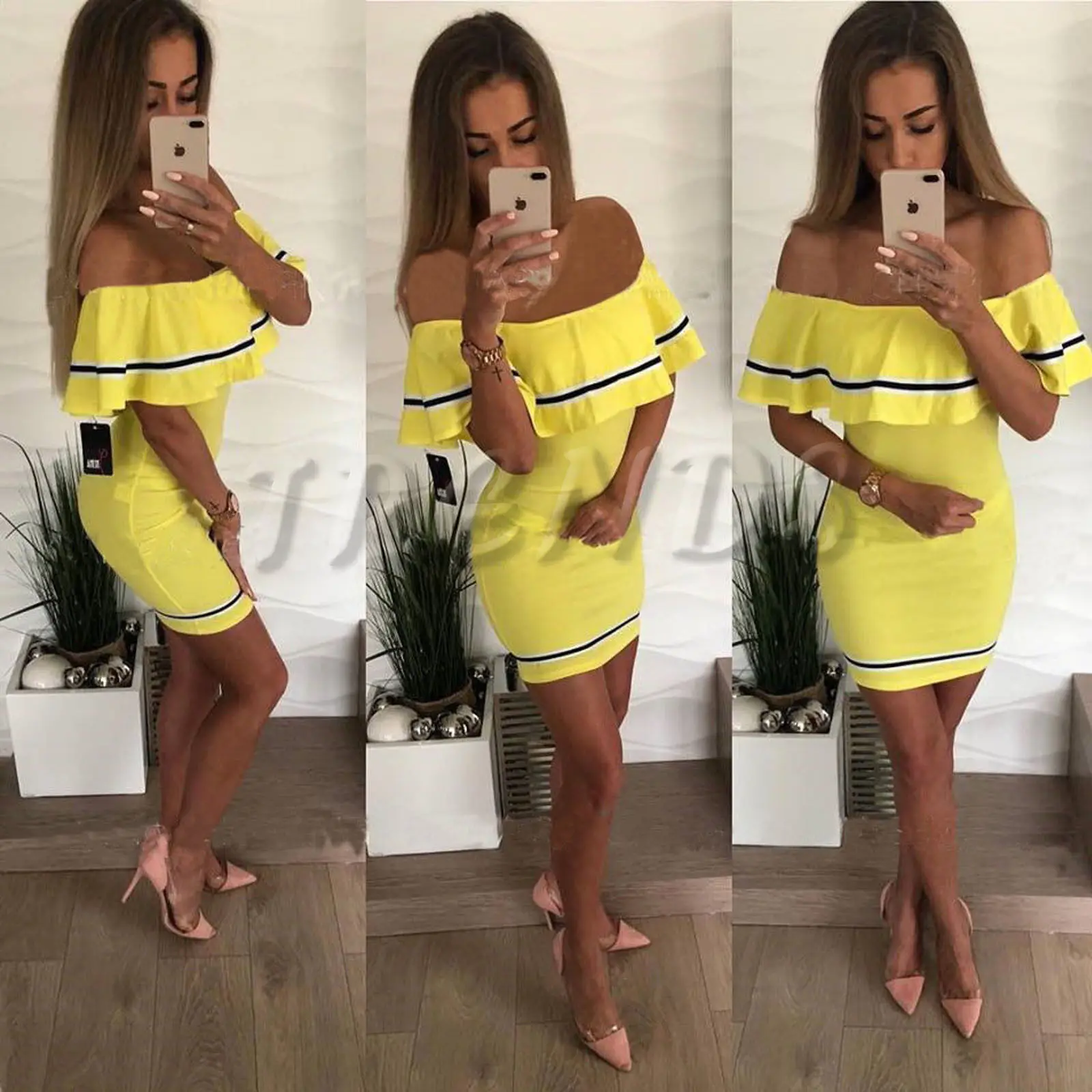 Женское мини платье облегающее с коротким рукавом и рюшами в полоску на лето|Женские платья| |