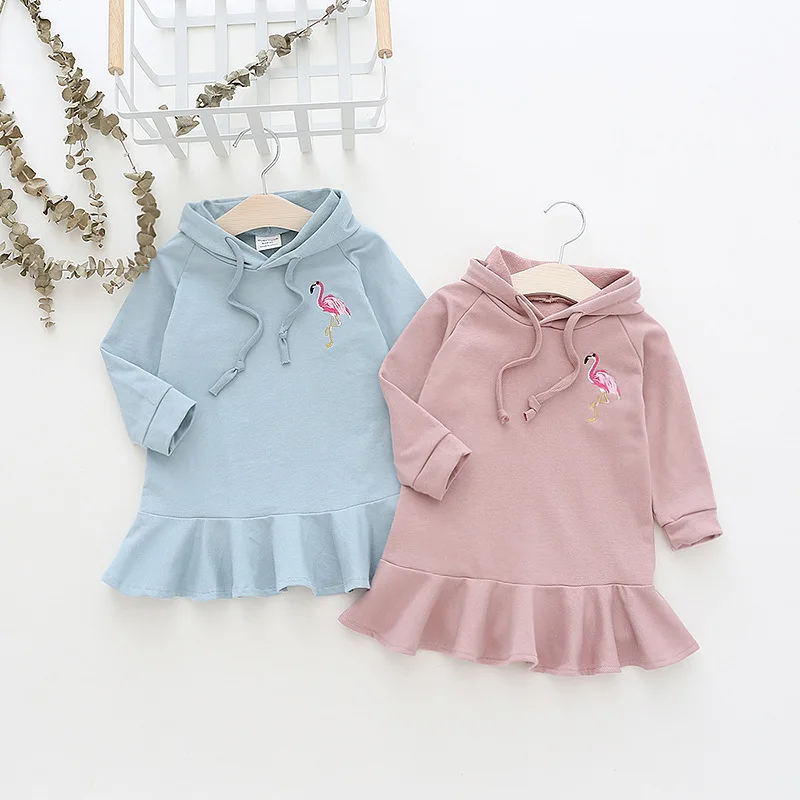 Baby Girls Dress Kids Casual Brand Long Sleeve Flamingo Embroidery Hooded Clothes Sweatshirt Dresses for Daily Wear | Детская одежда и