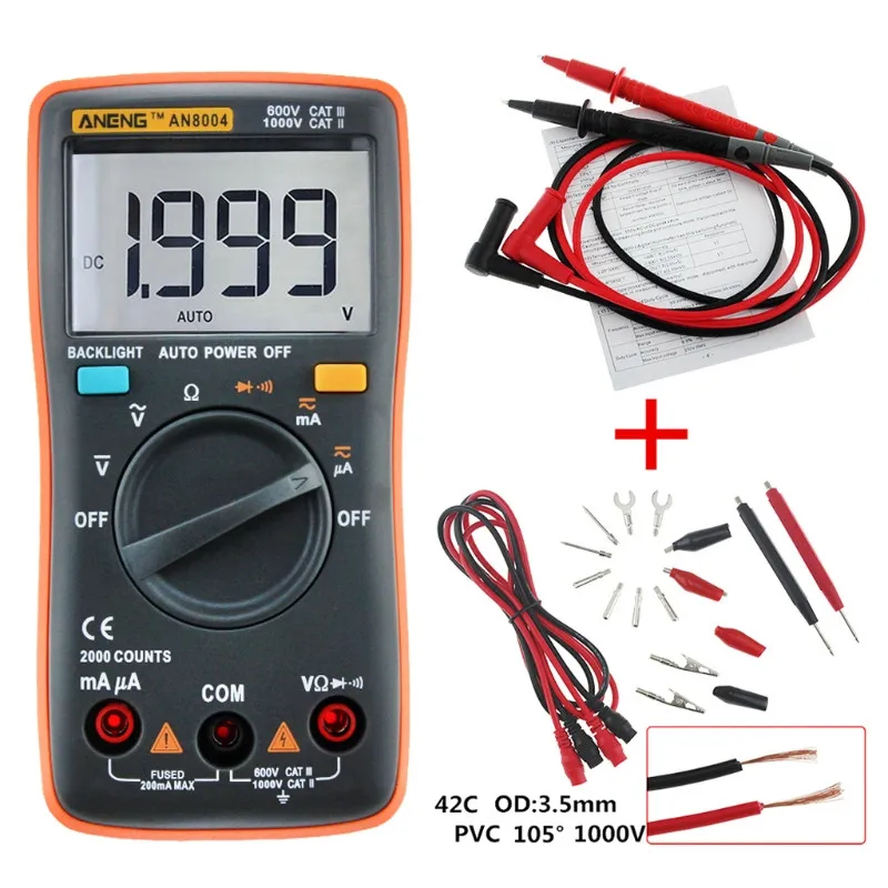 ANENG AN8004 Цифровой мультиметр 2000 отсчетов AC/DC Амперметр Вольтметр Ом Тест er+ подарок Крокодил Тест линия