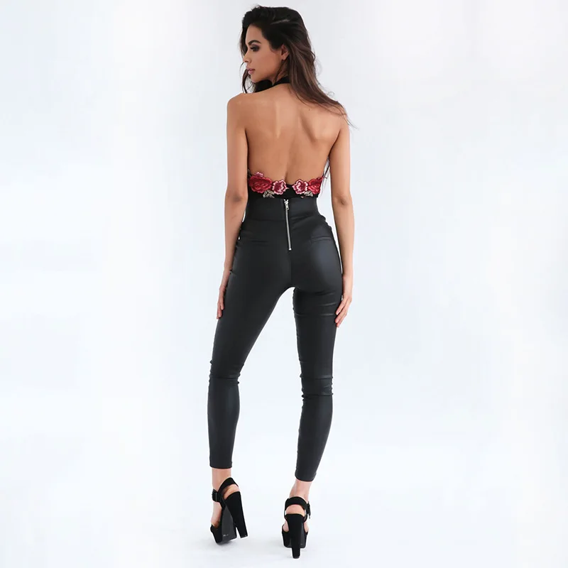 Женское боди с цветочной вышивкой лямкой на шее и открытой спиной|romper playsuit|backless