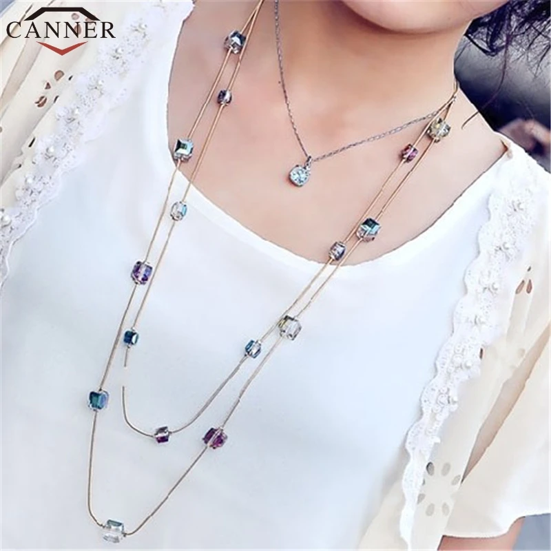 CANNER Fashion Long Layered Necklace Statement Crystal Gold Boho Pendant Women Accessories collier femme FI |