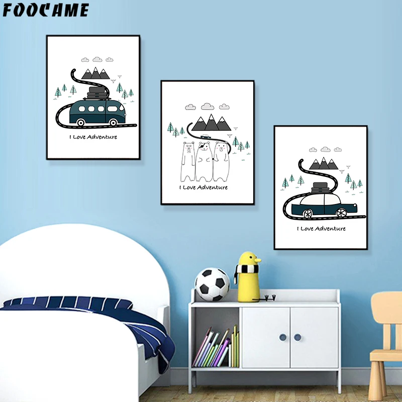 

Bus Car Bear Mountain Child Cartoon Nordic Poster Art Canvas Print Painting Nursery Baby Room Wall Decoration Pictures Bedroom