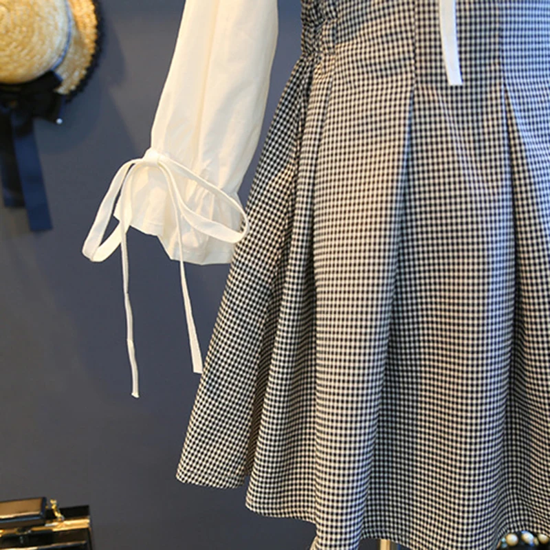 Комплект одежды для девочек осенняя школьная белая кружевная блузка клетчатое