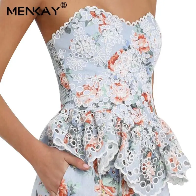 [MENKAY] богемные гофрированные женские топы элегантные кружевные летние Топы