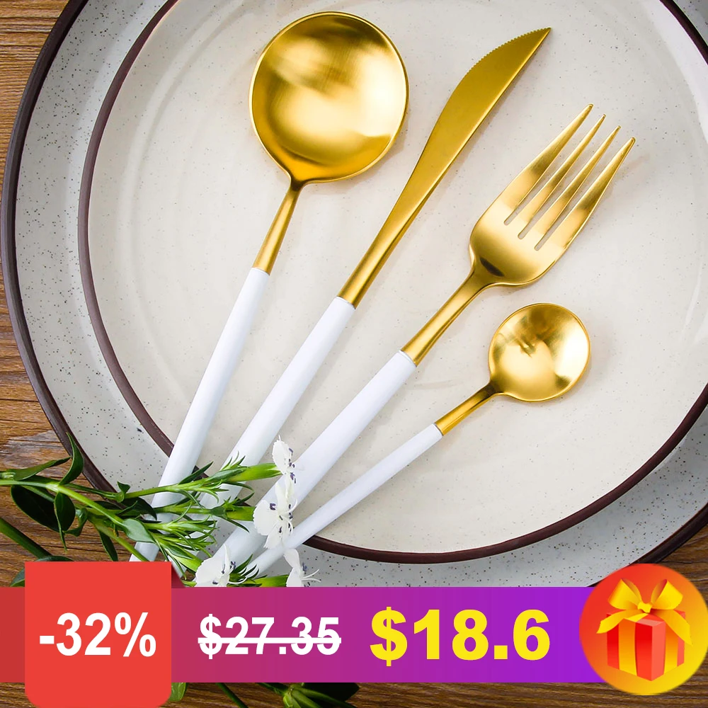 

4Pcs/Lot Gold Sliver Cutlery Set Silverware Tableware Set 18/10 Stainless Steel Dinnerware Set Fork Knife Scoops