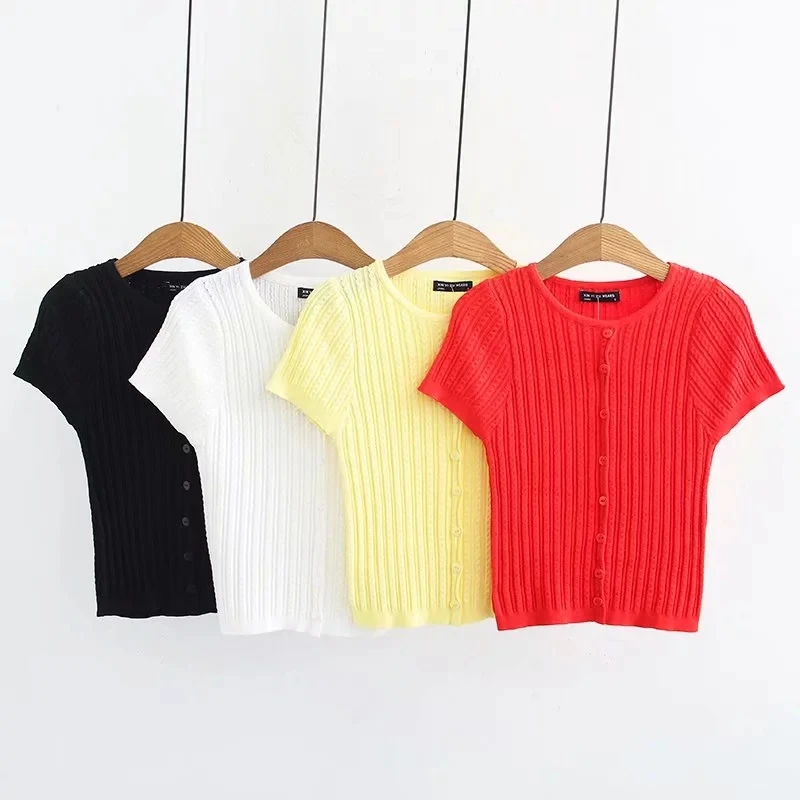 Women O Neck Twisted Knit Cardigan Short Sleeve |