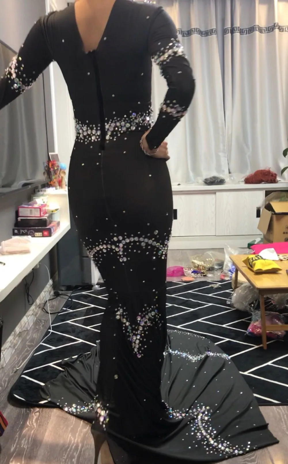Черное стекло Камни Тощий рыбий хвост платье сексуальное стрейч Bling Кристалл платье со шлейфом женское певица выпускного вечера день рождения сценический наряд