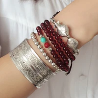 vintage carving cuff bangles fashion tibetan silver plated elephant owl bell charms beaded bracelet indian jewelry women gifts