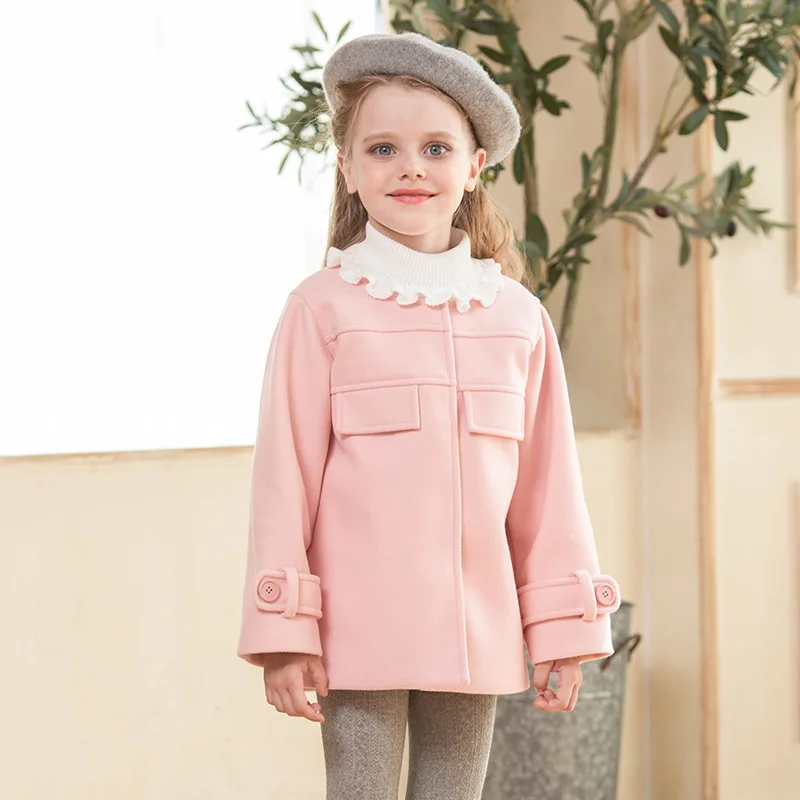 

Autumn and Winter Girl's Wool Coat Thickened Korean Pink Children's Fabric Coat Single-row Button Coat for 3-7 Years Old