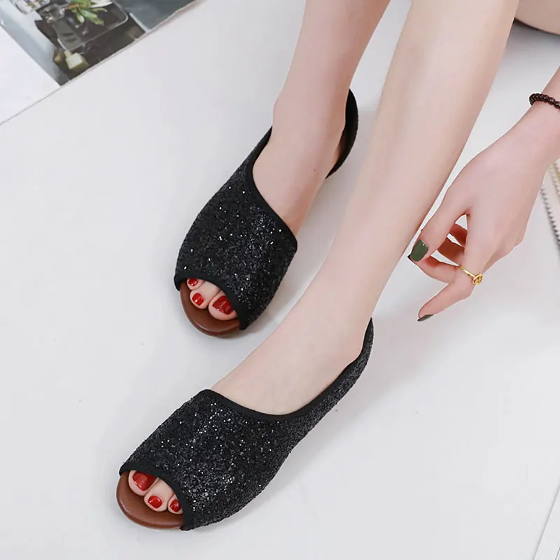 HEE GRAND/женские сандалии на танкетке с блестками низком каблуке открытым носком