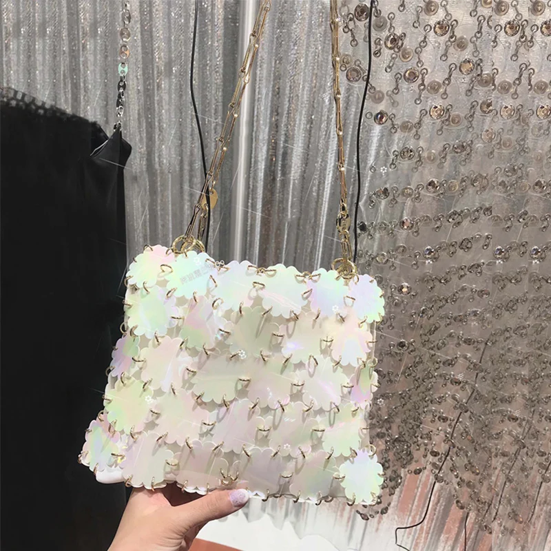 

BENVICHED Ladies' pu bag 2022 spring fashion chain laser Sequins flowers cool handbag women Inclined single shoulder bag c419