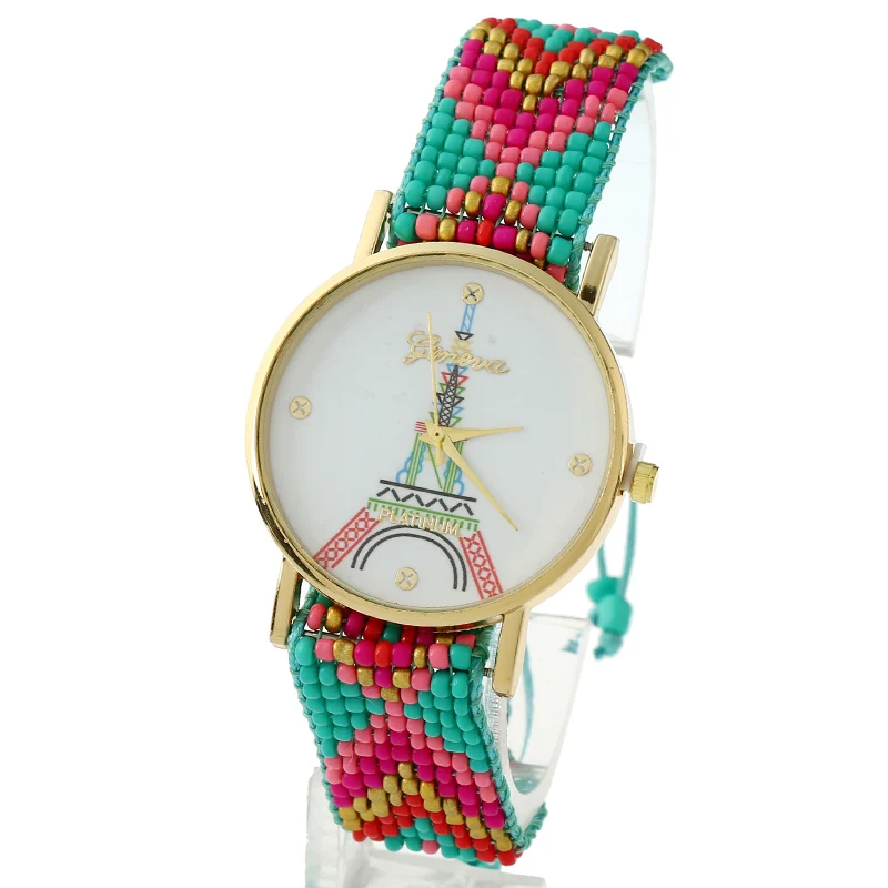 

Gnova Platinum Women Watch Paris Eiffel Tower Geneva Style Beach Fashion Wristwatch Girl Ethnic Chaquira Braided Lace A842