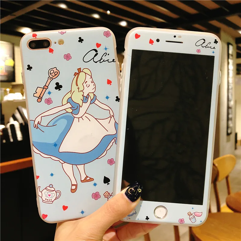 For iPhone 7 7Plus Cute Ariel Princess Case +Tempered Glass Screen film Mermaid / Alice Cover for X 8 8plus 6 6S 6SPlus |
