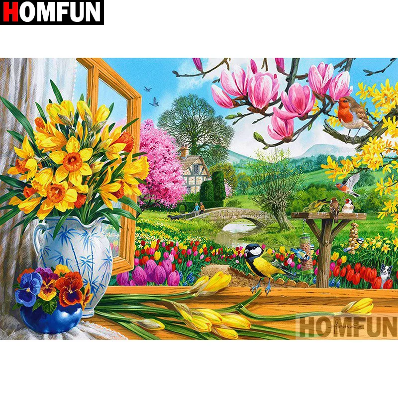 Алмазная живопись HOMFUN A13383 Птицы и цветы вышивка крестиком из квадратных/круглых