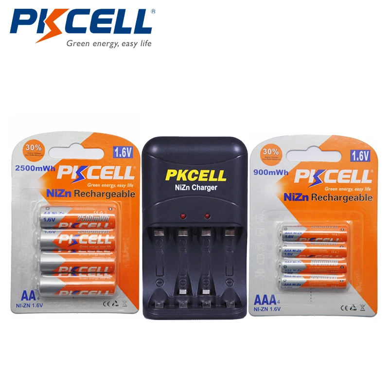 Pkcell 4 шт. AA + AAA NiZn 1 6 в аккумуляторные батареи 2500mWh 900mWh Ni-Zn AA/AAA зарядное устройство |